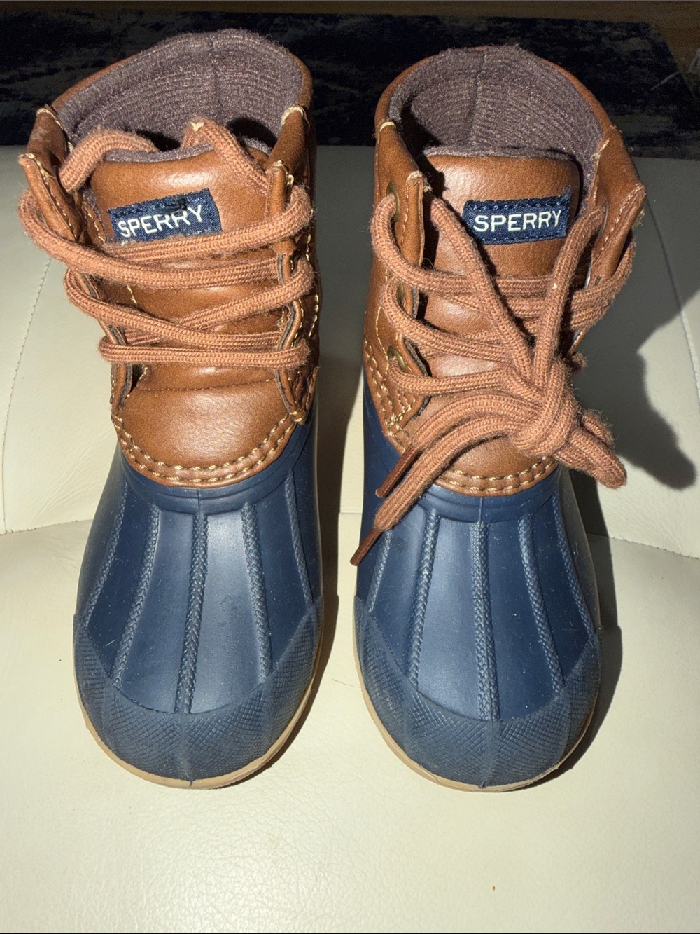 Sperry Navy and Brown Kids Duck Rain Boots